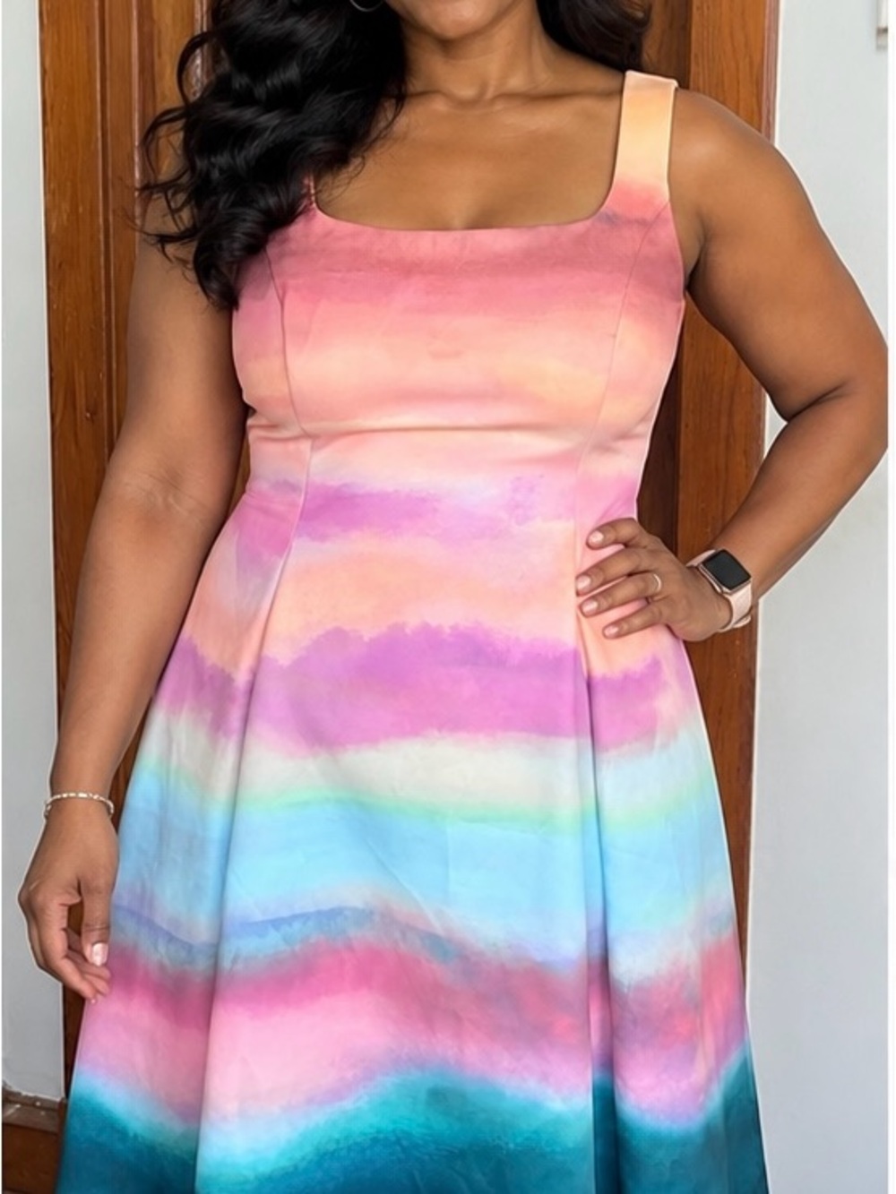 Vince Camuto Watercolor Ombre Midi Dress Size 14 Pink Teal Sleeveless A-Line